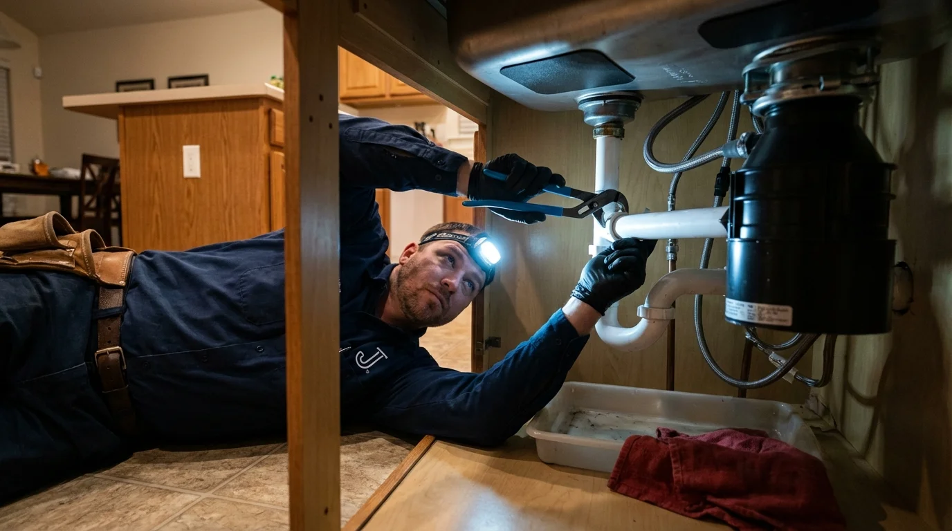 P-trap and supply line connections under a kitchen sink showing a common leak point in Frostproof, FL